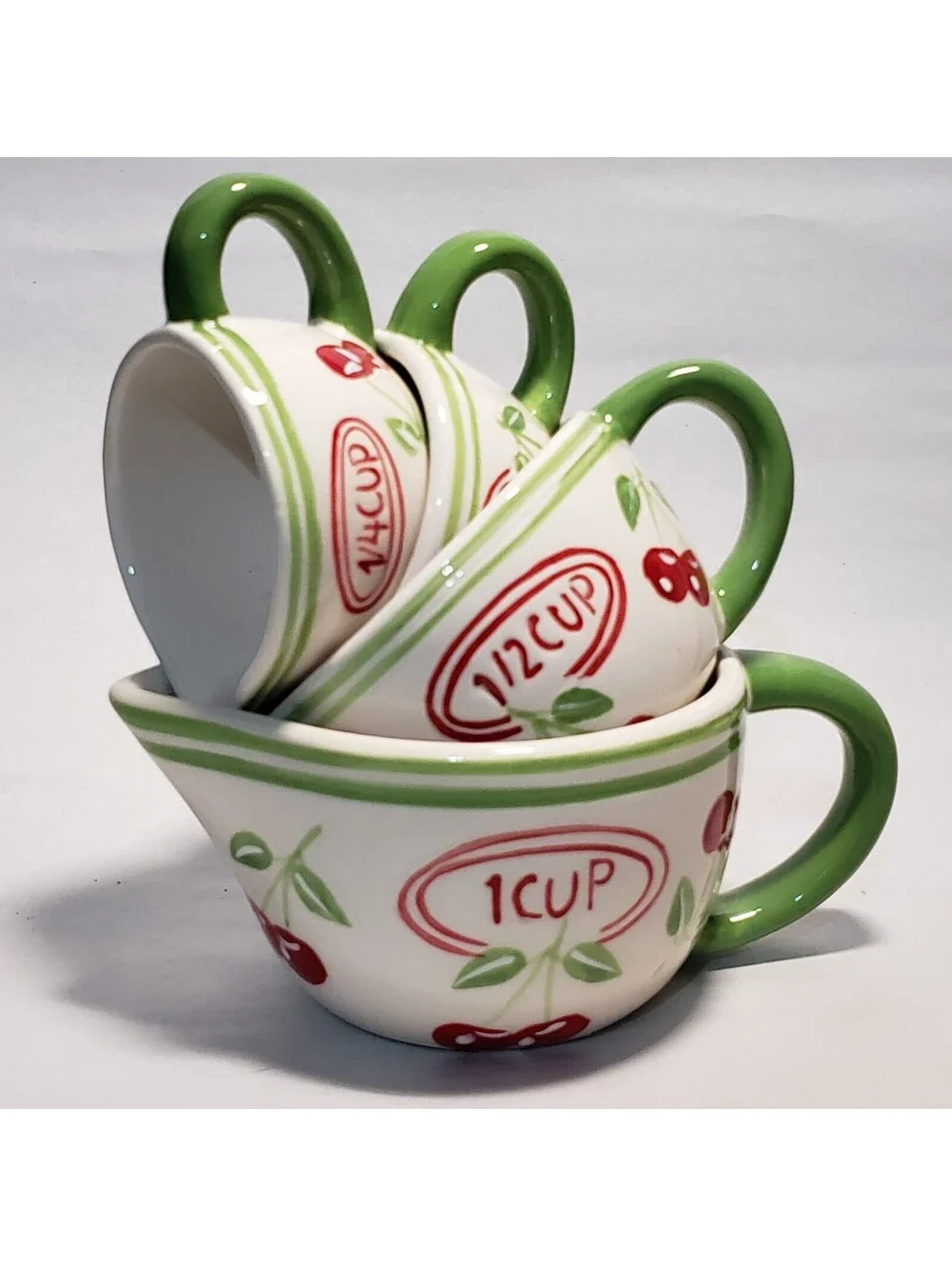 Pier 1 Imports Measuring Cup Set Cherries Ceramic 4 piece Kitchen Green Red